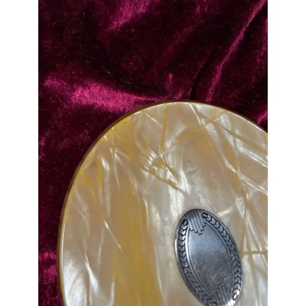 Vintage Art Deco Celluloid Vanity Hand Mirror Faux Mother of Pearl Orange Swirl